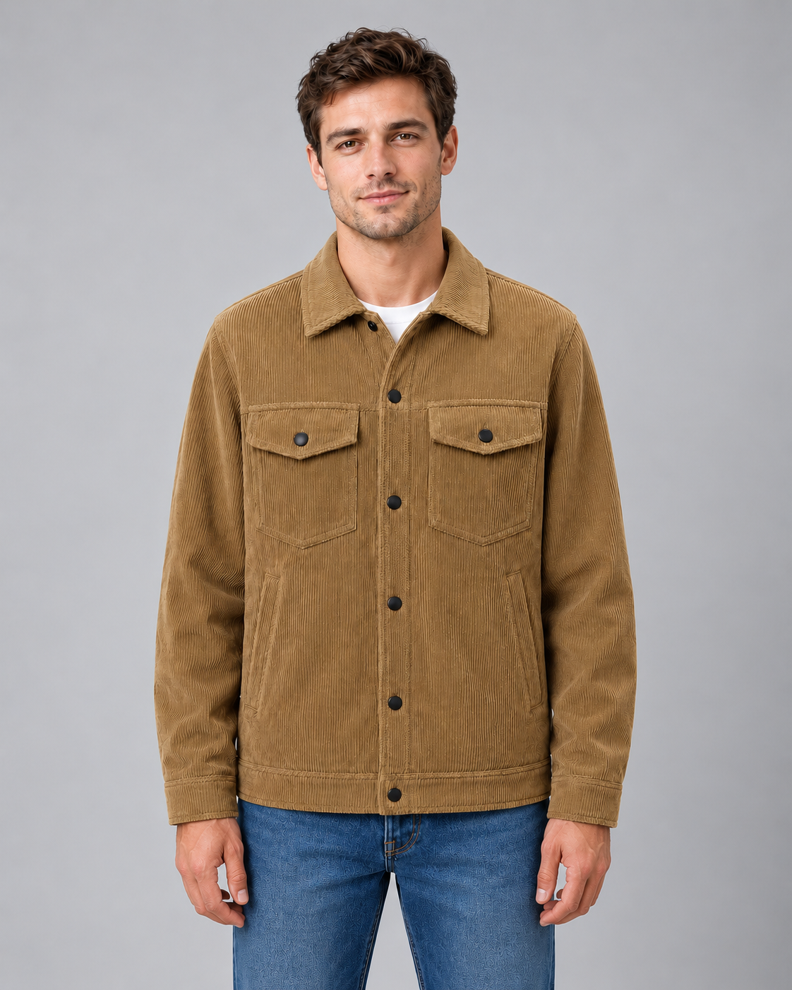 Men's corduroy overshirt — brown front studio view