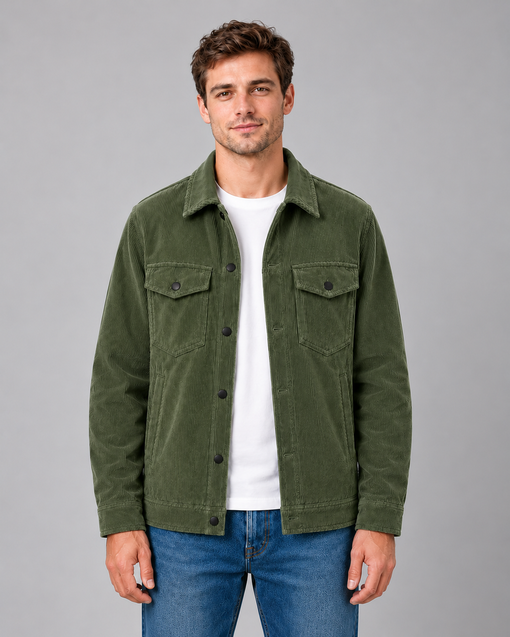 Men's corduroy overshirt — green front studio view