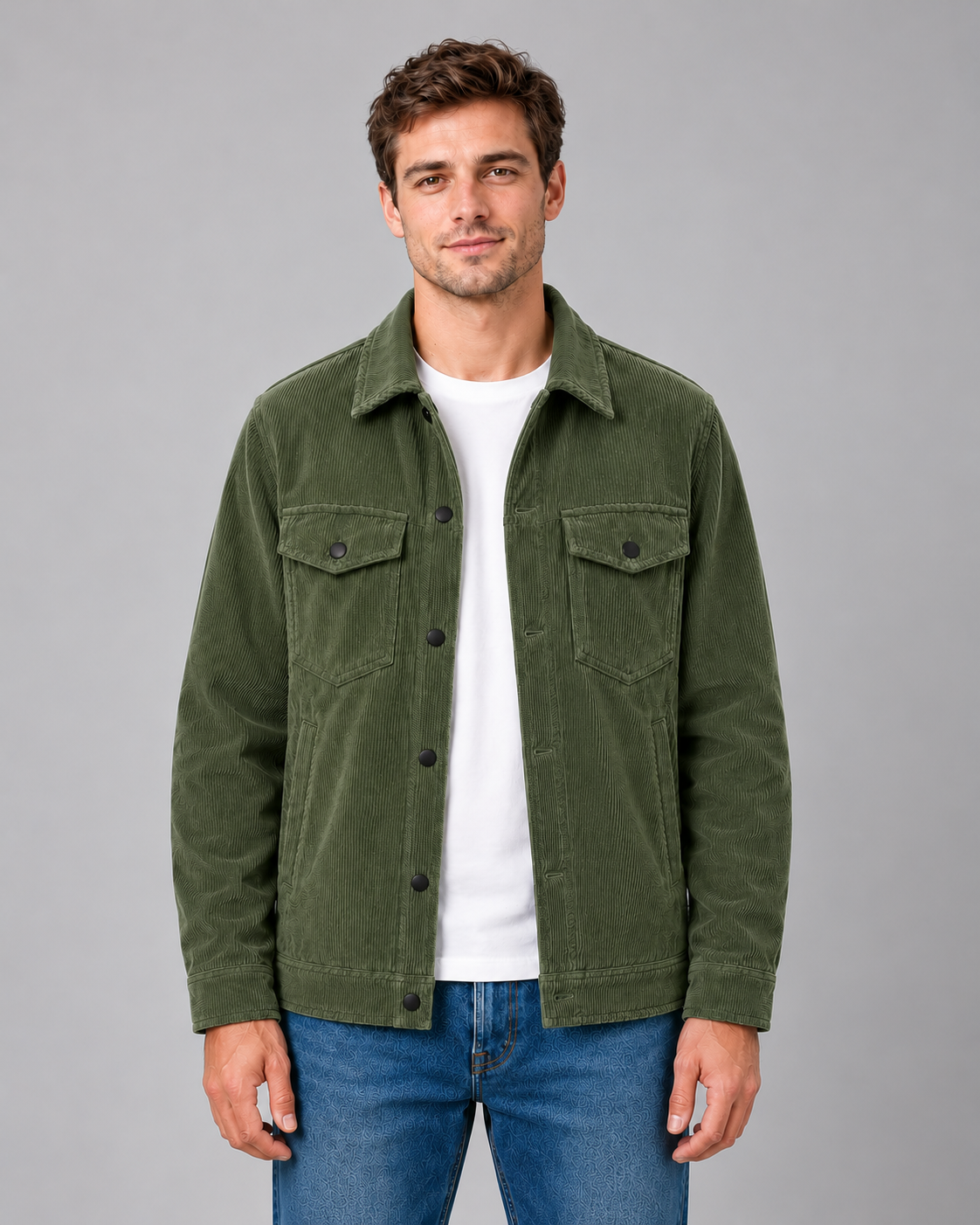 Men's corduroy overshirt — green front studio view