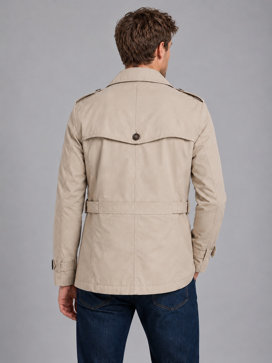 Men's Double Breasted Trench Coat – Classic Belted Overcoat — beige back studio view
