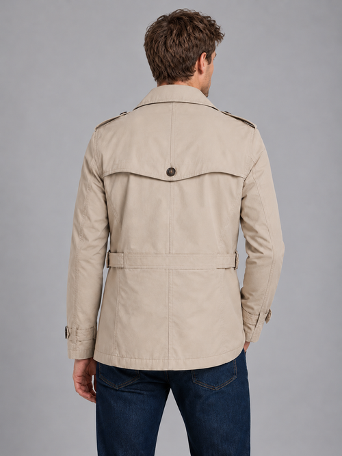 Men's Double Breasted Trench Coat – Classic Belted Overcoat — beige back studio view
