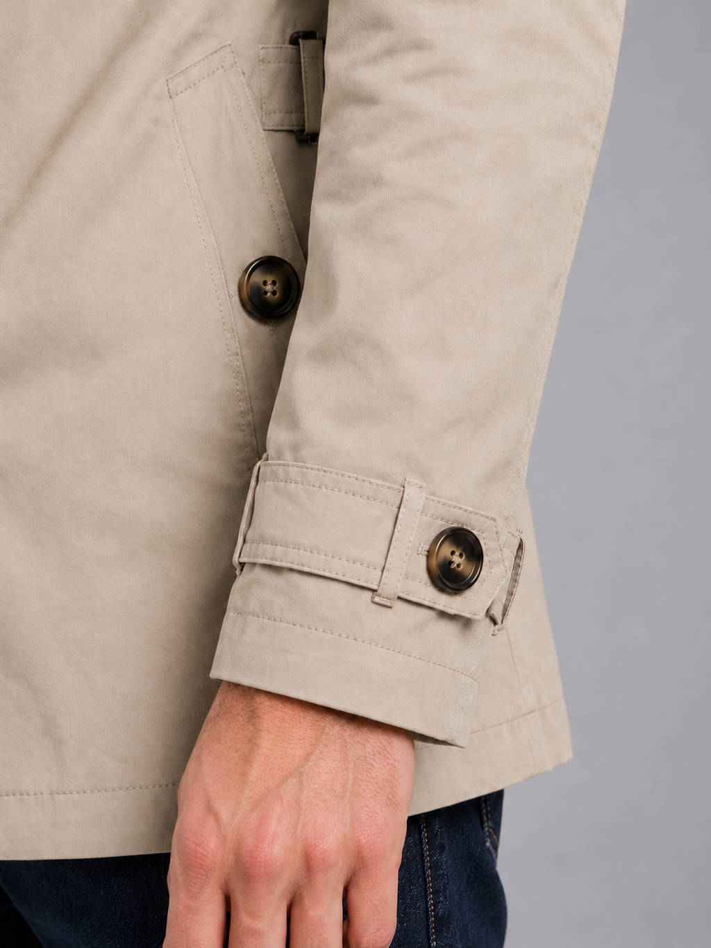 Men's Double Breasted Trench Coat – Classic Belted Overcoat — beige cuff detail studio view