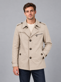Men's Double Breasted Trench Coat – Classic Belted Overcoat — beige front studio view