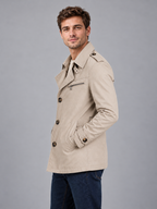 Men's Double Breasted Trench Coat – Classic Belted Overcoat — beige side studio view