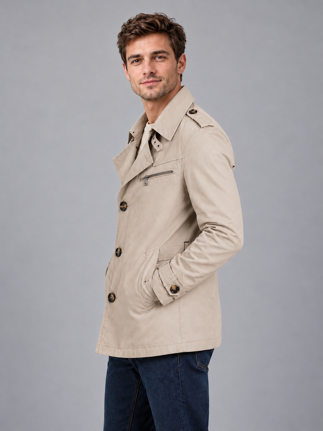 Men's Double Breasted Trench Coat – Classic Belted Overcoat — beige side studio view