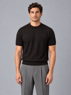 Men's short sleeve fine knit T-shirt — dark brown front studio view