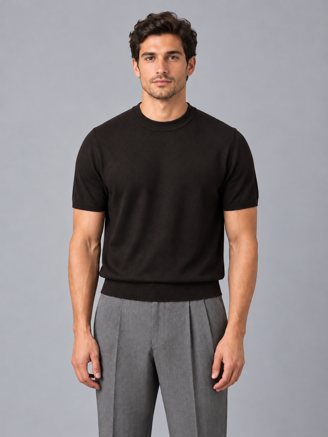 Men's short sleeve fine knit T-shirt — dark brown front studio view
