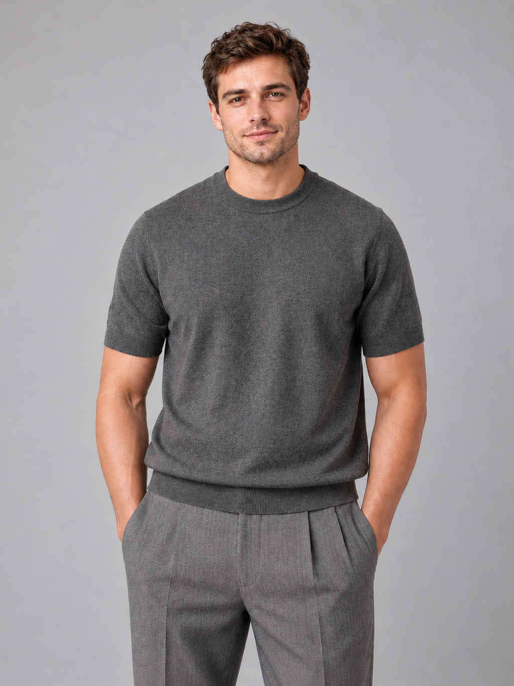 Men's short sleeve fine knit T-shirt — dark grey alternate studio view