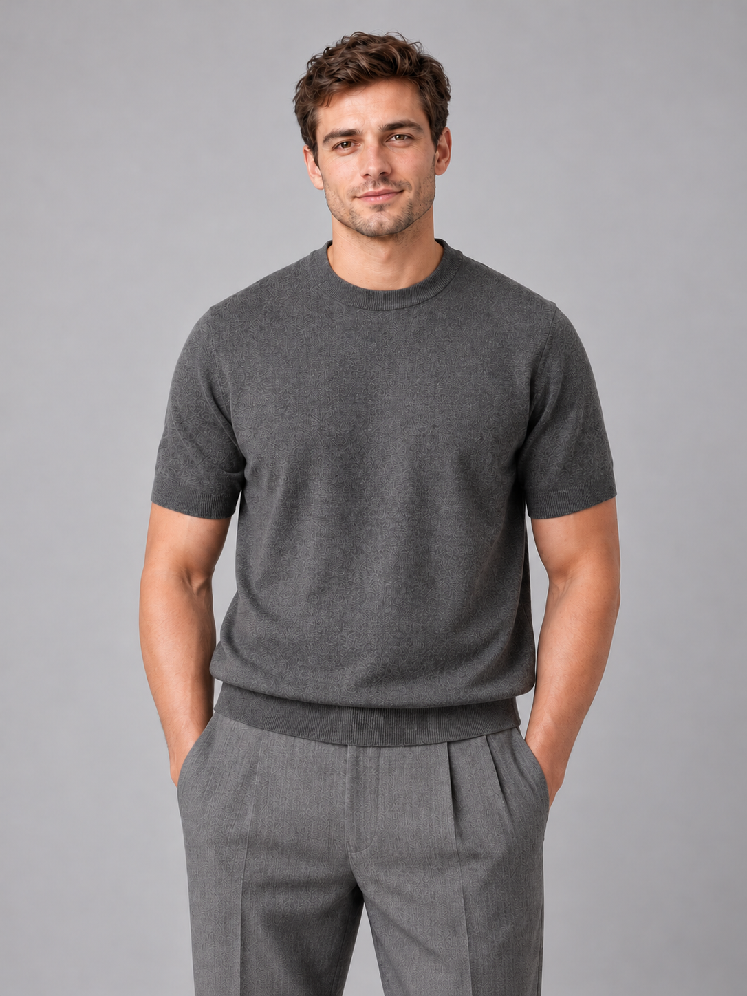 Men's short sleeve fine knit T-shirt — dark grey alternate studio view