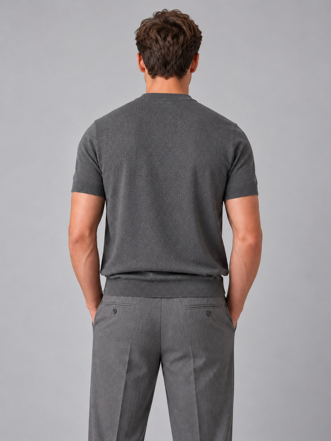 Men's short sleeve fine knit T-shirt — dark grey back studio view