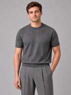 Men's short sleeve fine knit T-shirt — dark grey front studio view