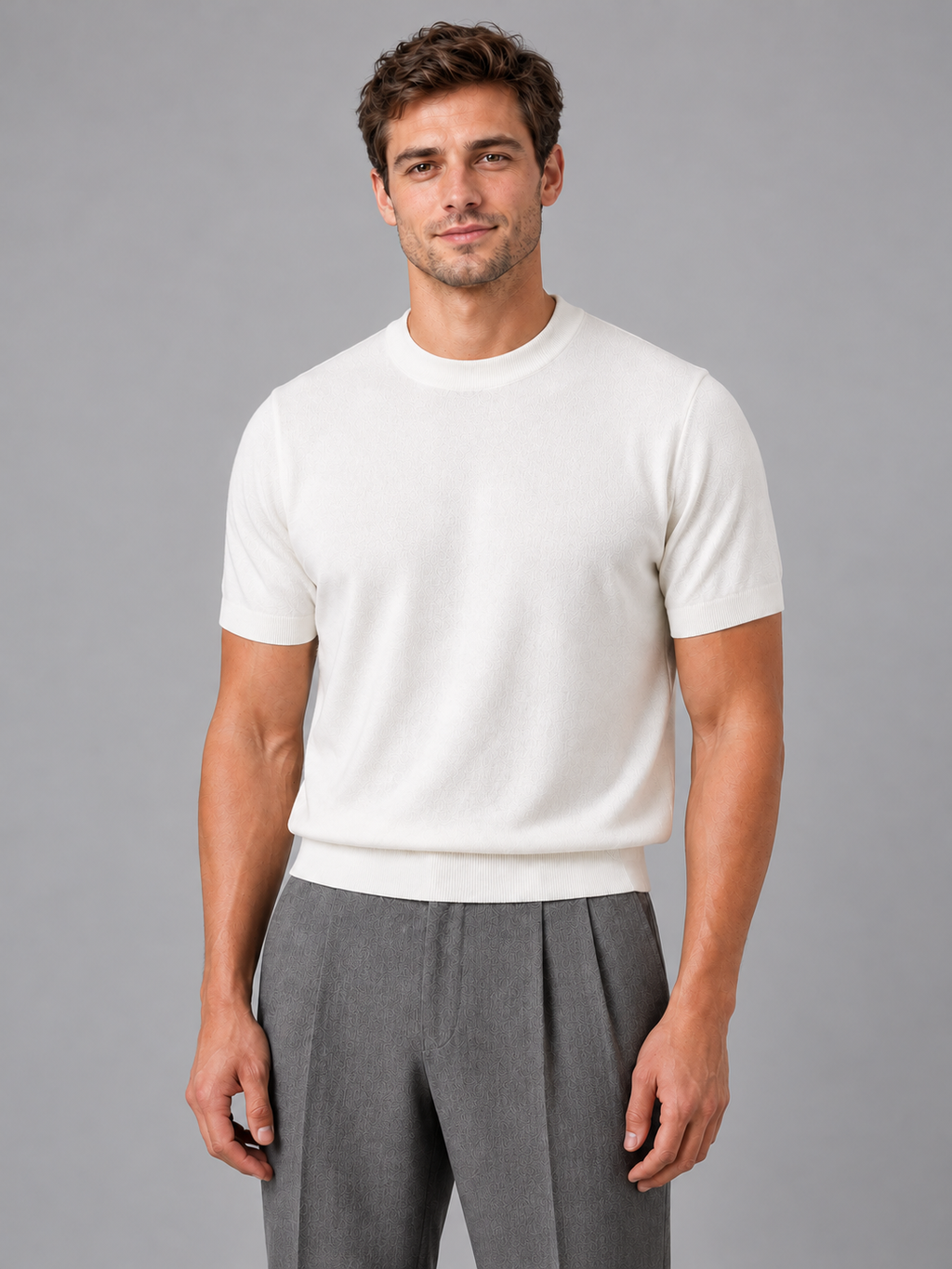 Men's short sleeve fine knit T-shirt — white front studio view