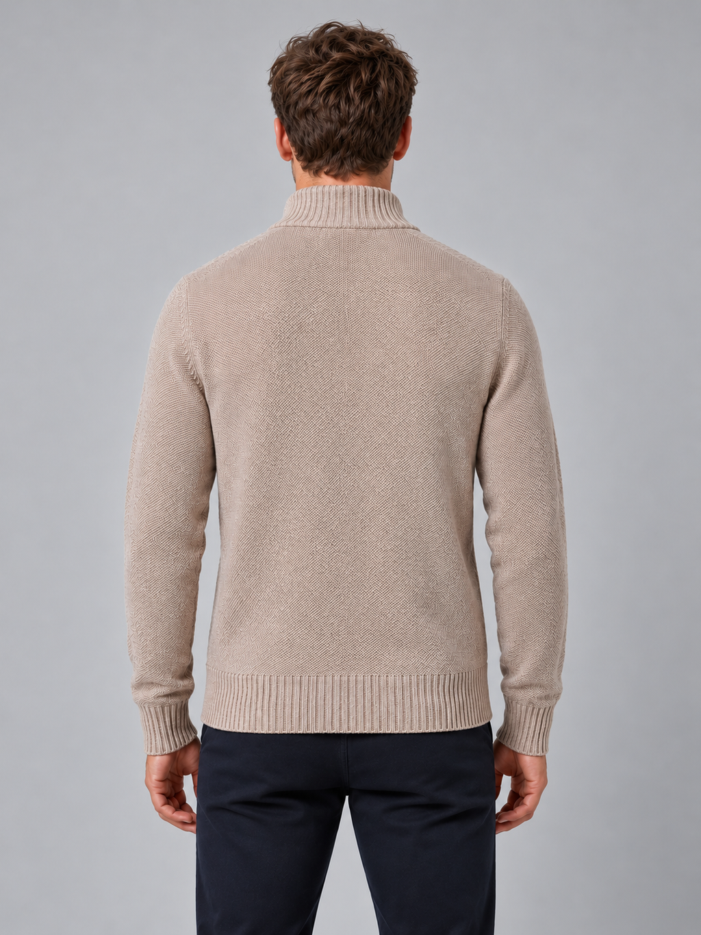 Men's Full Zip Knit Cardigan — beige back studio view