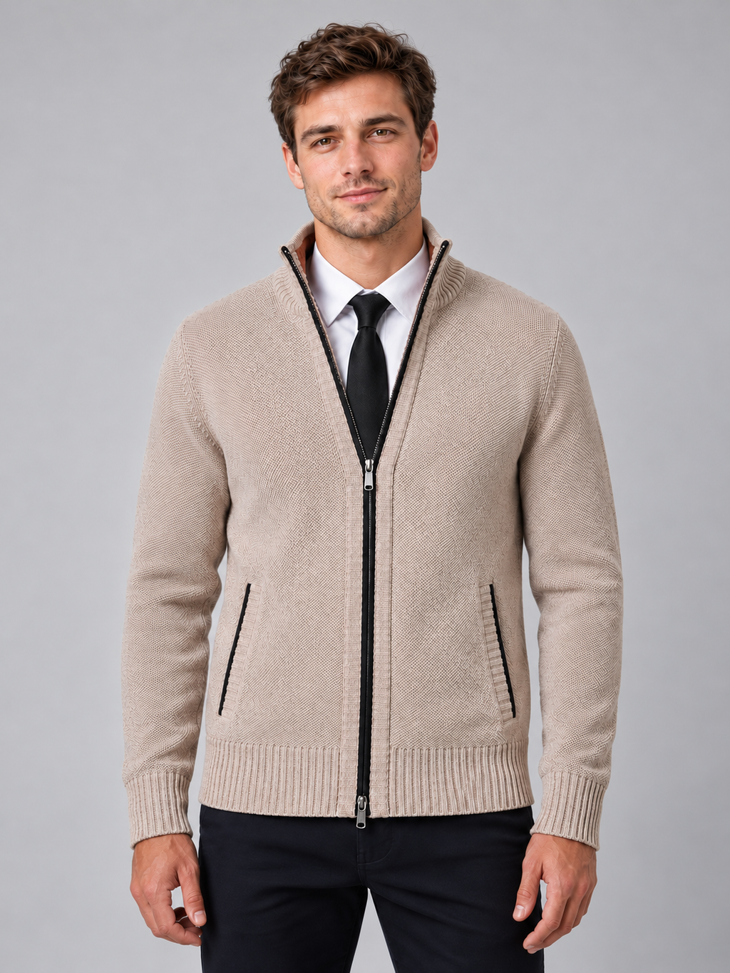 Men's Full Zip Knit Cardigan — beige front studio view