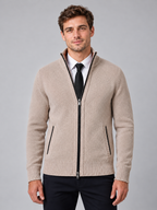 Men's Full Zip Knit Cardigan — beige front studio view