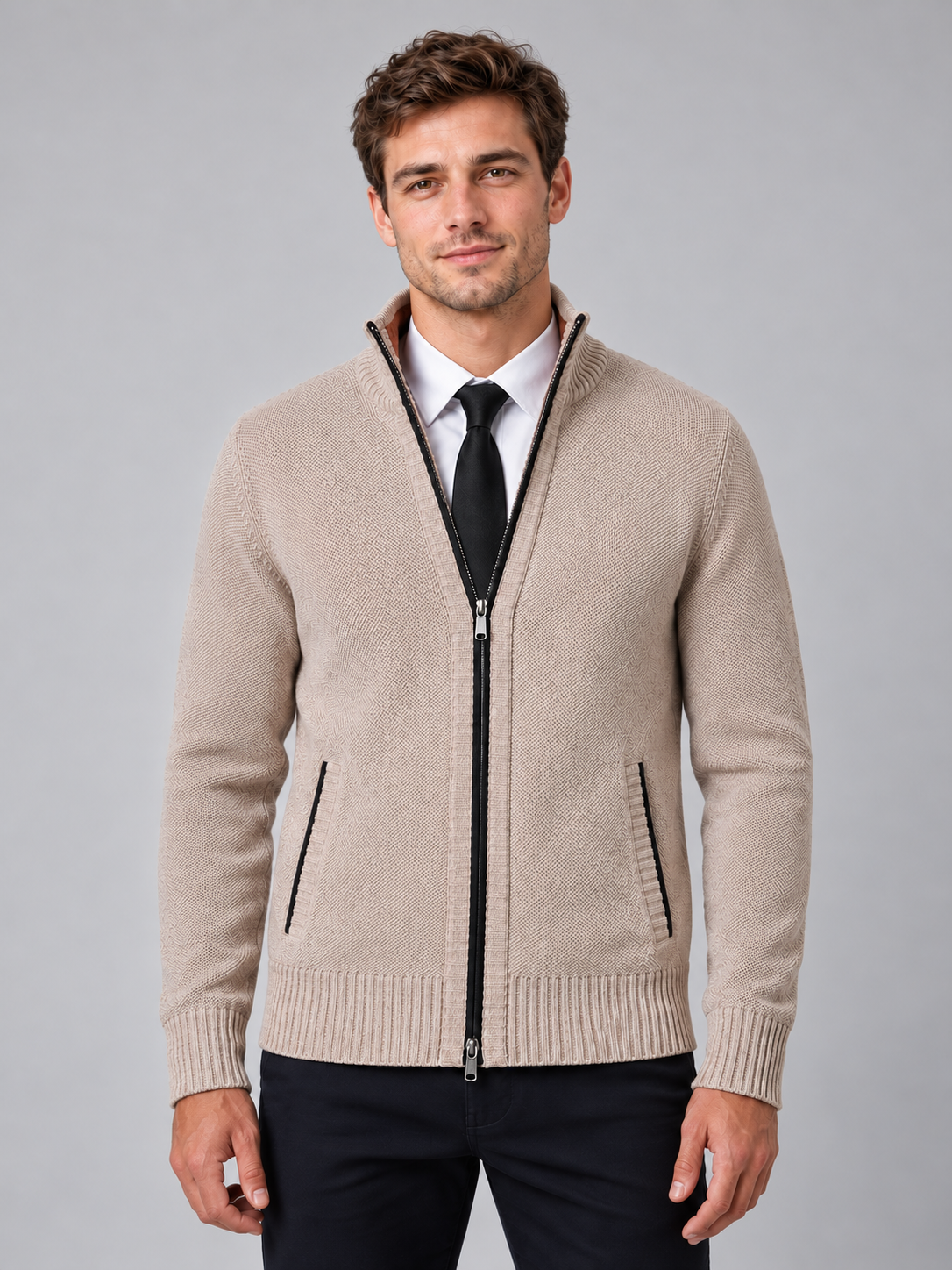 Men's Full Zip Knit Cardigan — beige front studio view