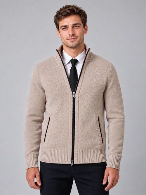 Men's Full Zip Knit Cardigan — beige front studio view