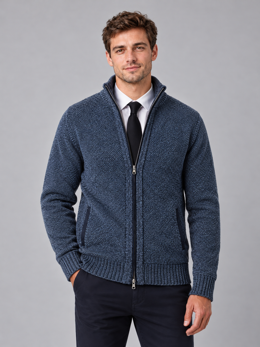 Men's Full Zip Knit Cardigan — blue front studio view