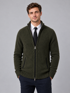 Men's Full Zip Knit Cardigan — green front studio view