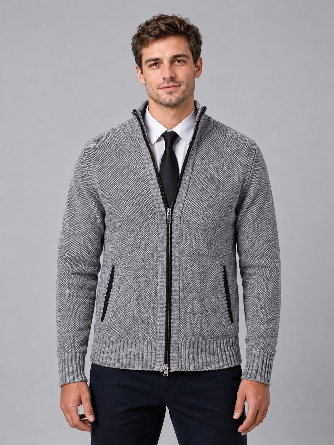 Men's Full Zip Knit Cardigan — grey front studio view