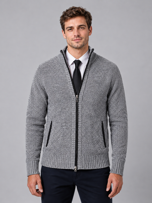 Men's Full Zip Knit Cardigan — grey front studio view