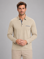 Men's beige gingham-trim long-sleeve polo, front studio view