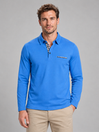 Men's blue gingham-trim long-sleeve polo, front studio view