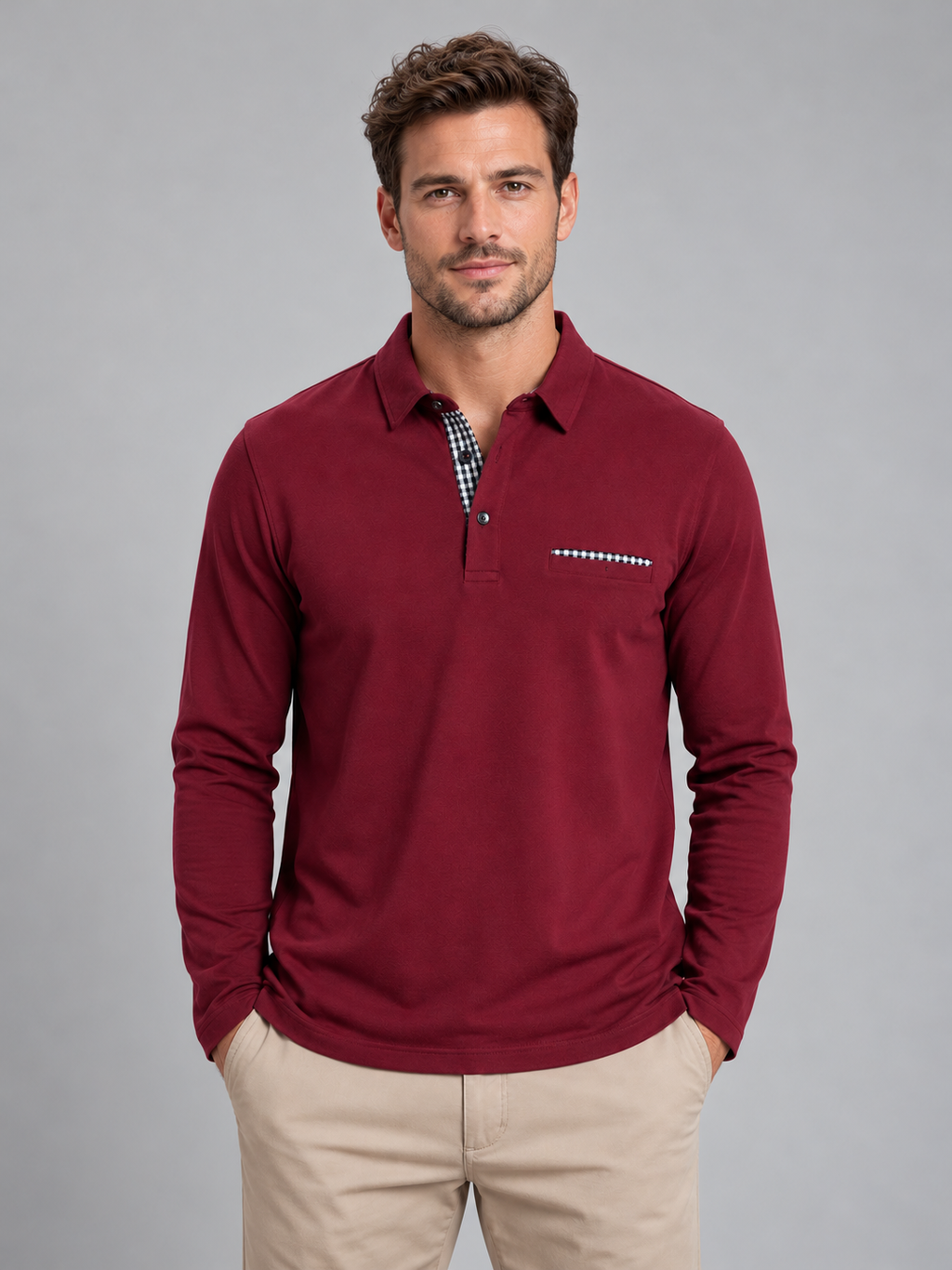 Men's burgundy gingham-trim long-sleeve polo, front studio view