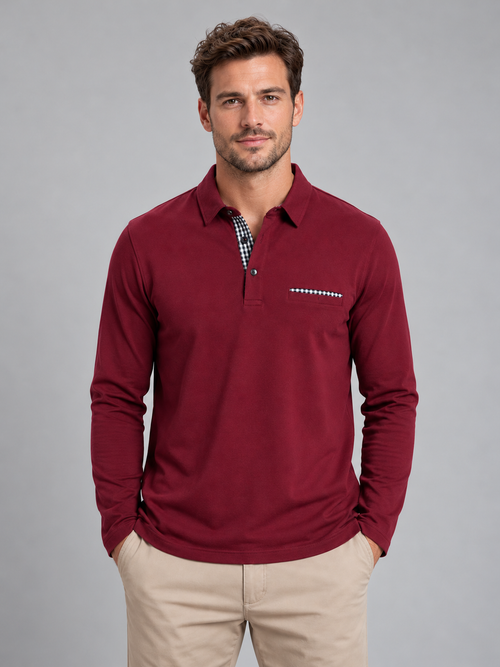 Men's burgundy gingham-trim long-sleeve polo, front studio view