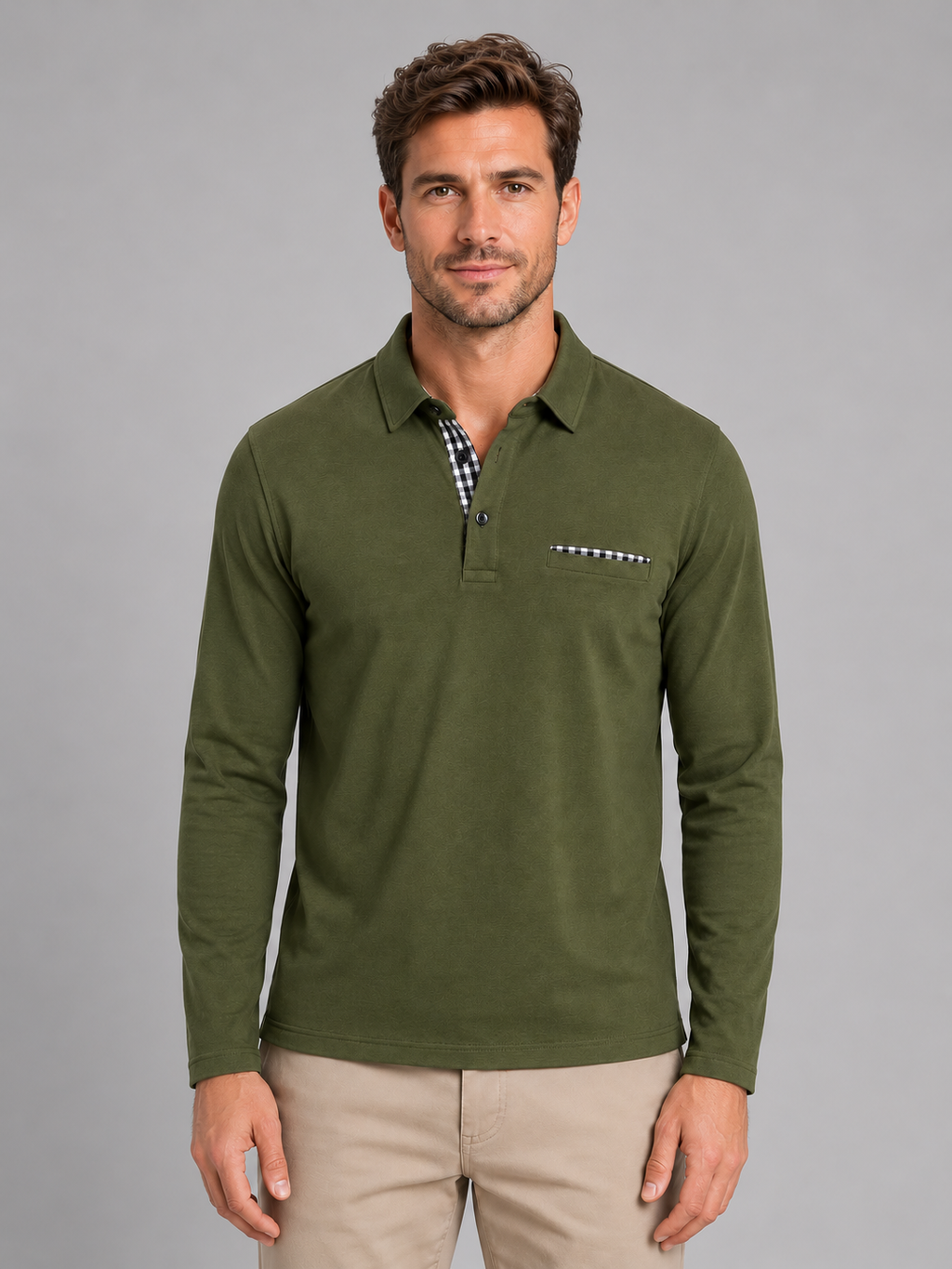 Men's green gingham-trim long-sleeve polo, front studio view