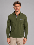 Men's green gingham-trim long-sleeve polo, front studio view