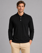 Men's black long-sleeve jersey polo, front studio view