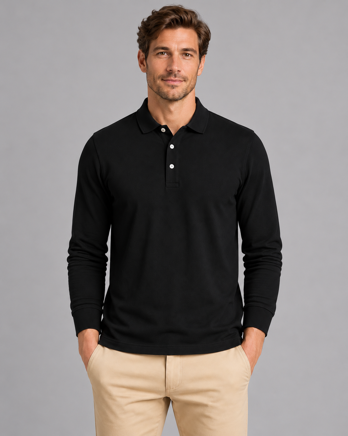 Men's black long-sleeve jersey polo, front studio view