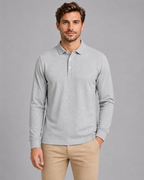 Men's grey long-sleeve jersey polo, front studio view