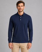 Men's navy long-sleeve jersey polo, front studio view
