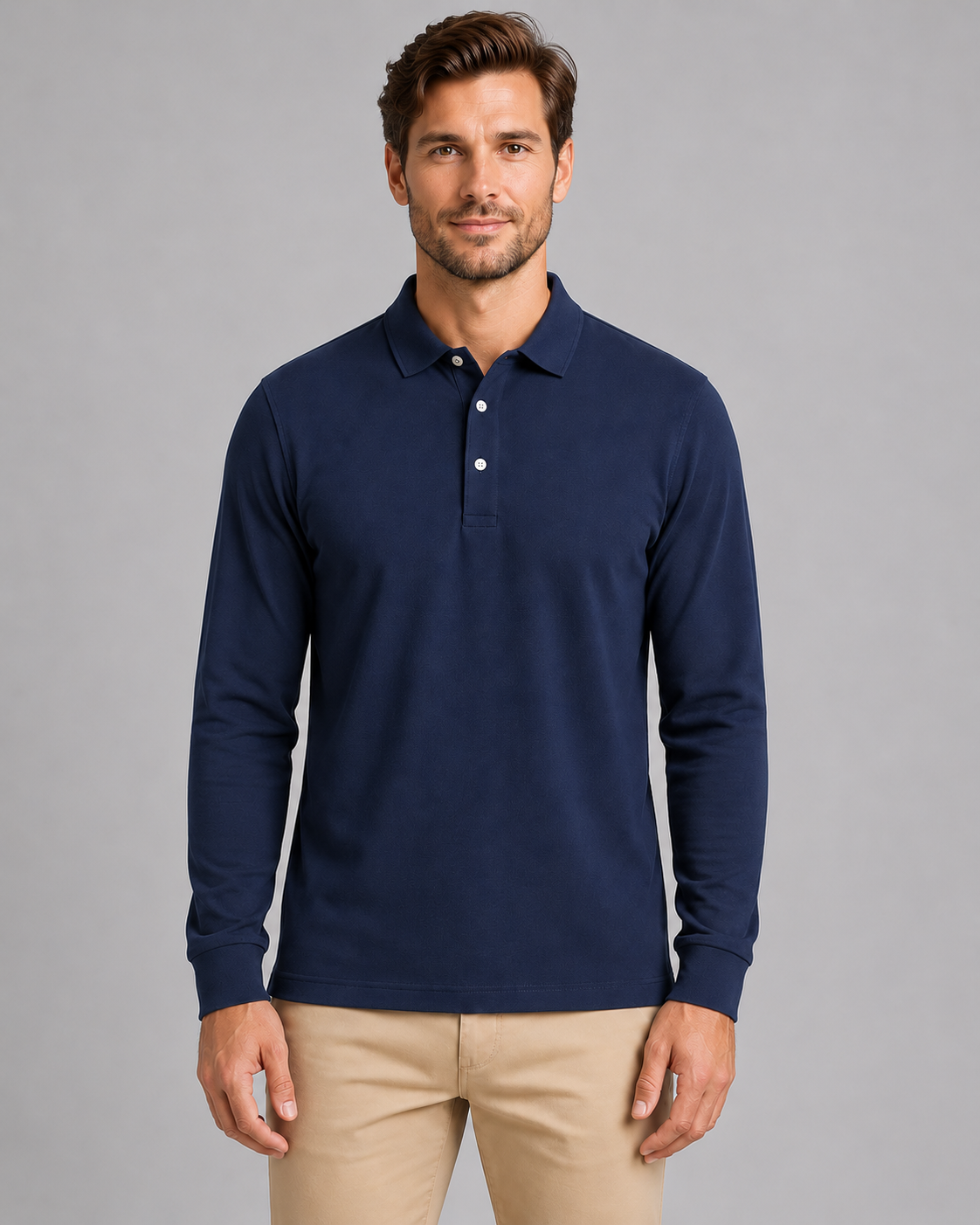 Men's navy long-sleeve jersey polo, front studio view