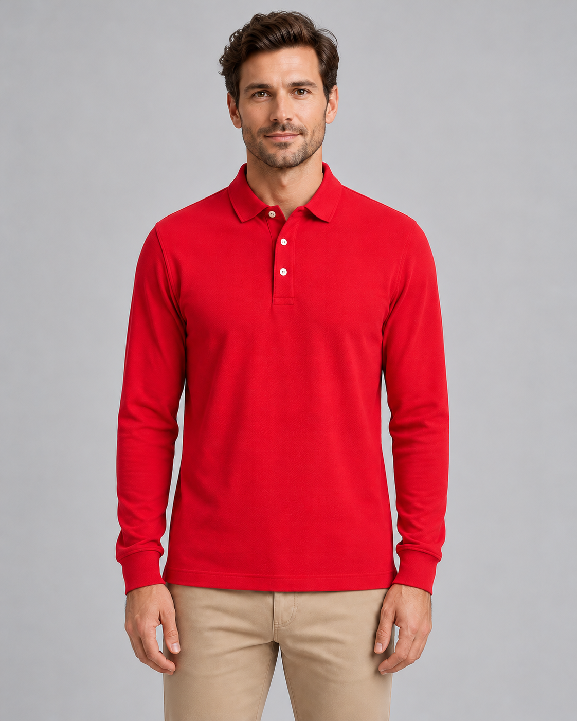 Men's red long-sleeve jersey polo, front studio view