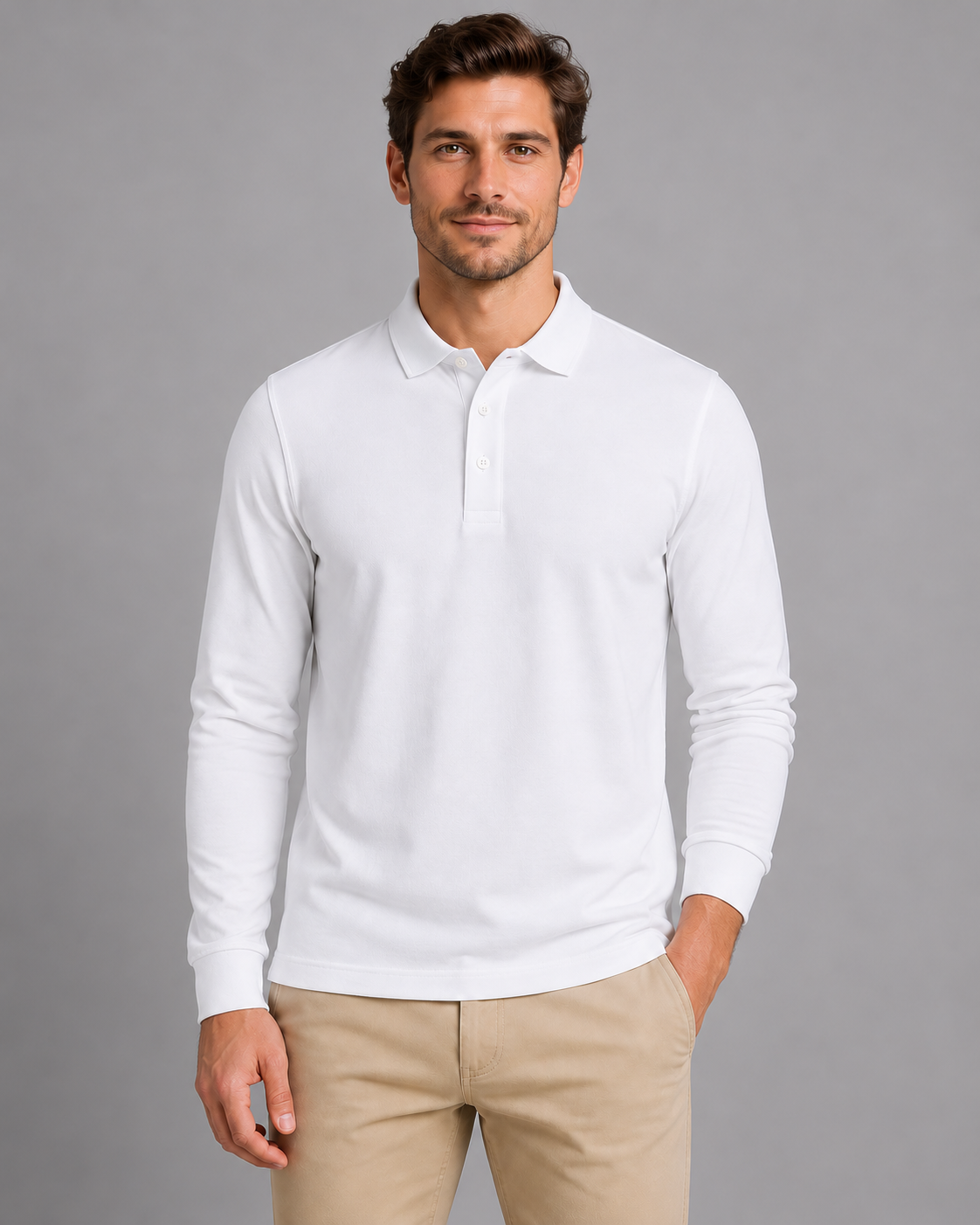 Men's white long-sleeve jersey polo, front studio view