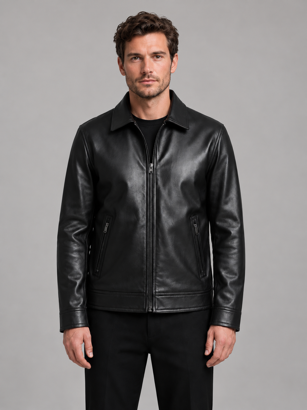 Men's black leather-look jacket, front studio view