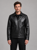 Men's black leather-look jacket, front studio view