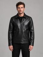 Men's black leather-look jacket, front studio view