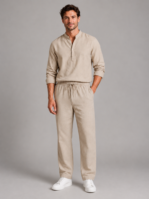 Men's beige linen-look shirt and trousers set, front studio view