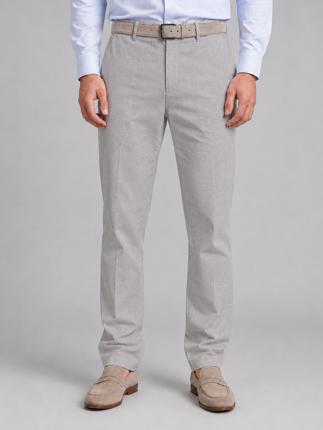 Men's grey linen-look trousers, front studio view