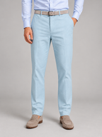 Men's light-blue linen-look trousers, front studio view