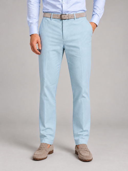 Men's light-blue linen-look trousers, front studio view