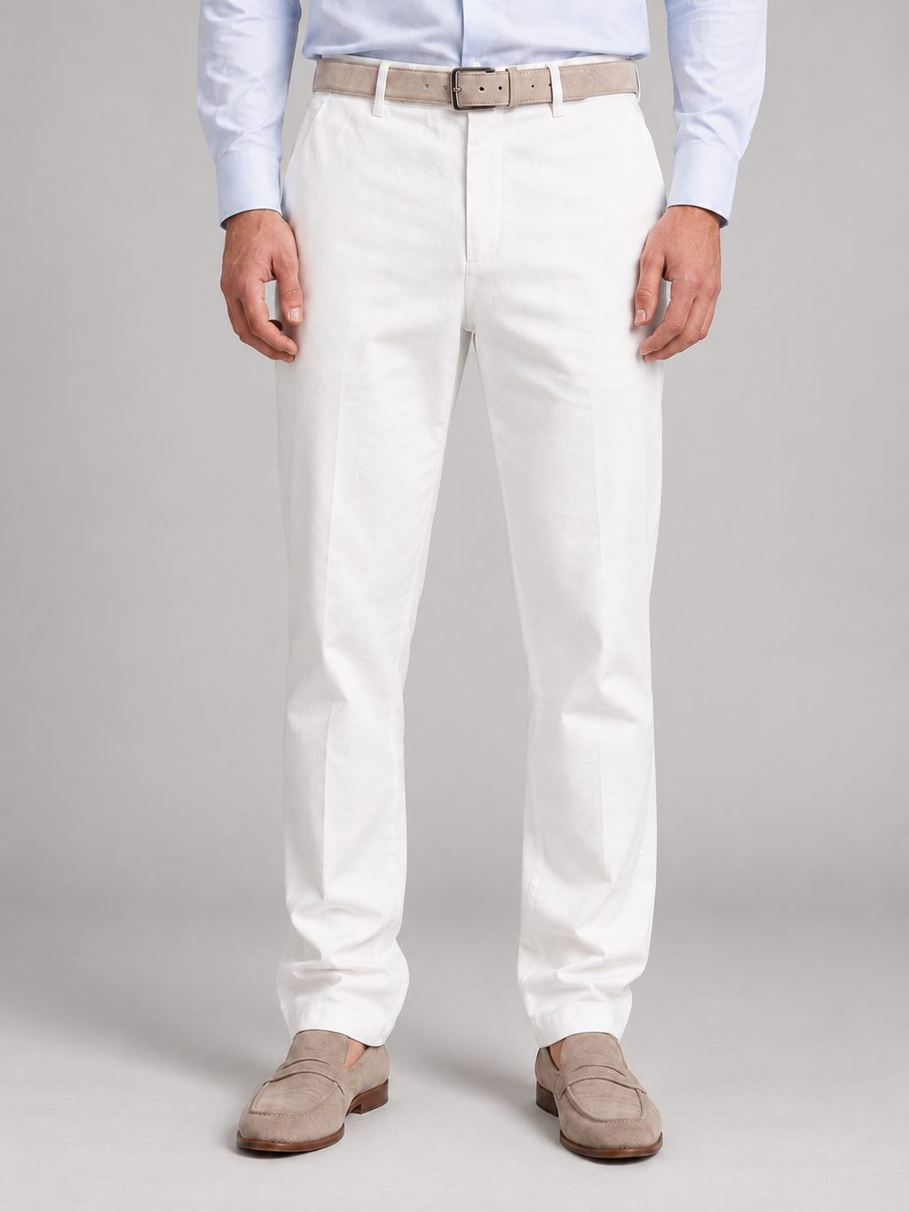 Men's white linen-look trousers, front studio view