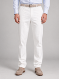 Men's white linen-look trousers, front studio view