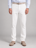 Men's white linen-look trousers, front studio view
