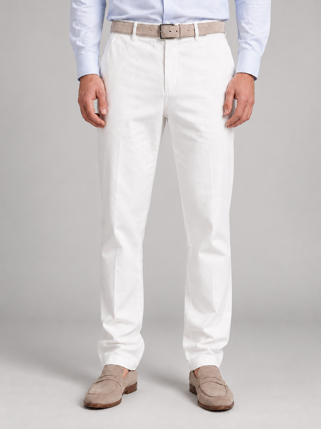 Men's white linen-look trousers, front studio view