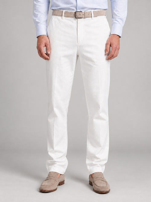 Men's white linen-look trousers, front studio view